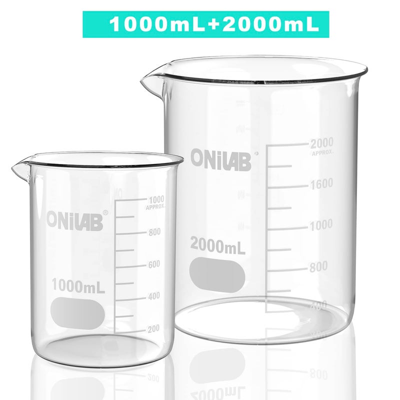 ONiLAB Scientific Glass Beaker Set, 2 Sizes 1000ml 2000ml, 3.3 Borosilicate Griffin Low Form with Printed Graduation 13900246 - Image 1